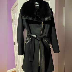 Via Spiga new asymmetric wool black wrap coat with fur and belt. Worn once.